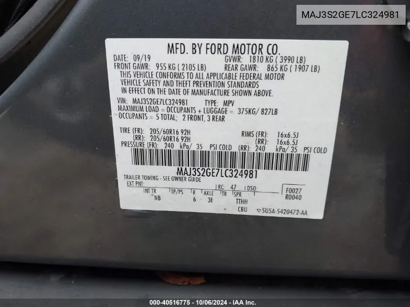 2020 Ford Ecosport Se VIN: MAJ3S2GE7LC324981 Lot: 40516775