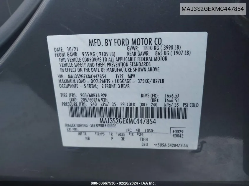 2021 Ford Ecosport Se VIN: MAJ3S2GEXMC447854 Lot: 38667536