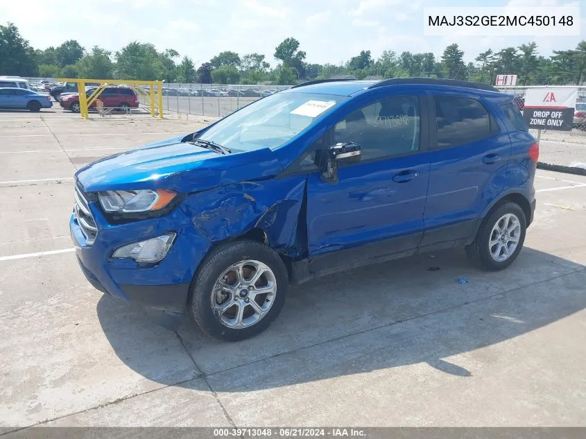 2021 Ford Ecosport Se VIN: MAJ3S2GE2MC450148 Lot: 39713048