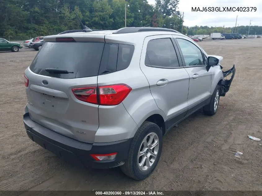 2021 Ford Ecosport Se VIN: MAJ6S3GLXMC402379 Lot: 40200360