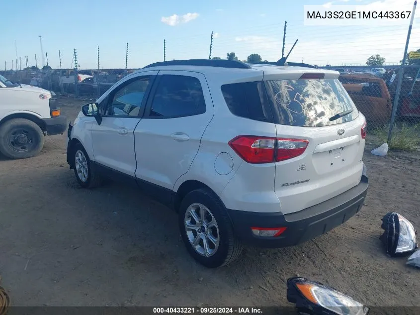 2021 Ford Ecosport Se VIN: MAJ3S2GE1MC443367 Lot: 40433221