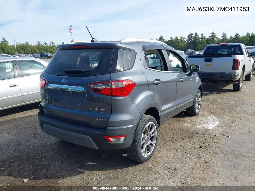 2021 Ford Ecosport Titanium VIN: MAJ6S3KL7MC411953 Lot: 40447885