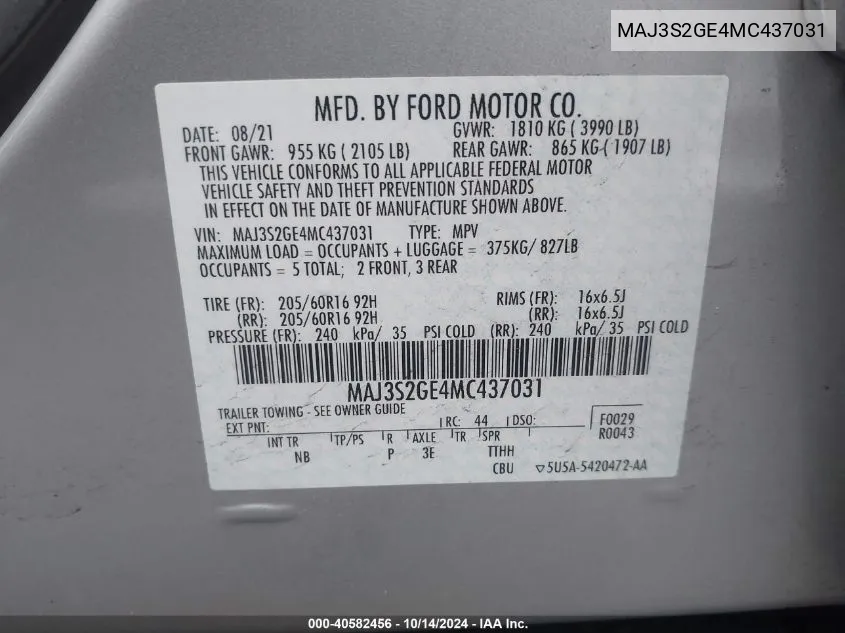 2021 Ford Ecosport Se VIN: MAJ3S2GE4MC437031 Lot: 40582456