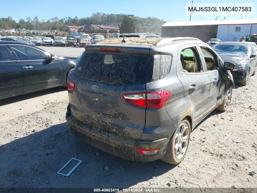 2021 Ford Ecosport Se VIN: MAJ6S3GL1MC407583 Lot: 40603415