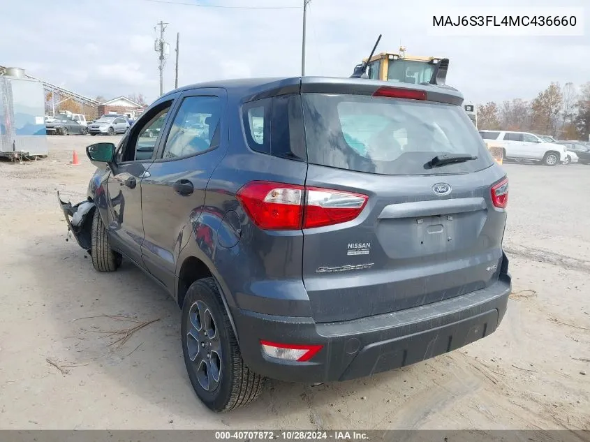 2021 Ford Ecosport S VIN: MAJ6S3FL4MC436660 Lot: 40707872