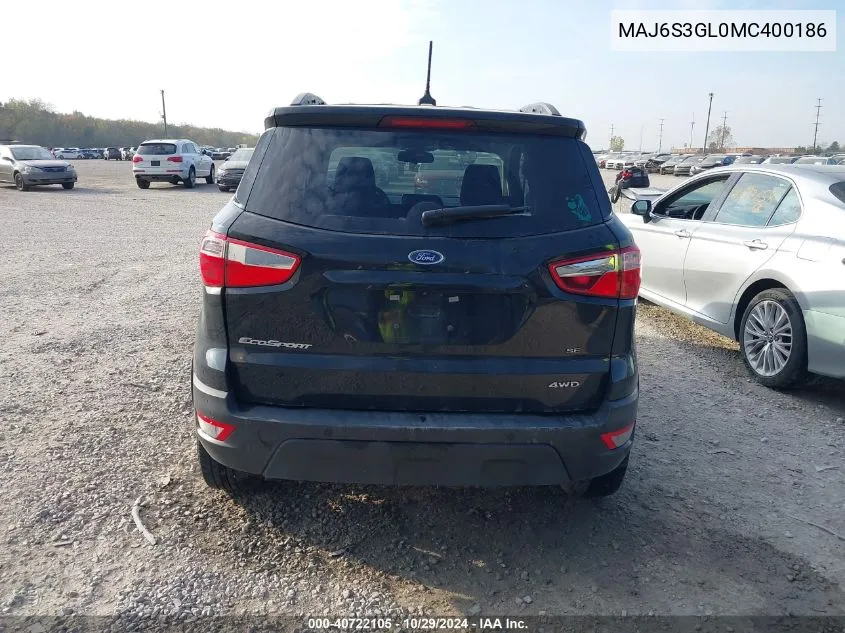 2021 Ford Ecosport Se VIN: MAJ6S3GL0MC400186 Lot: 40722105