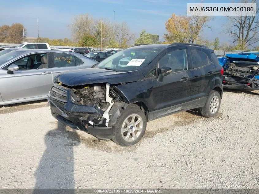 2021 Ford Ecosport Se VIN: MAJ6S3GL0MC400186 Lot: 40722105