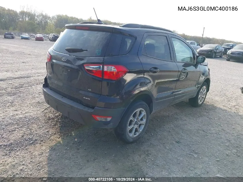 2021 Ford Ecosport Se VIN: MAJ6S3GL0MC400186 Lot: 40722105