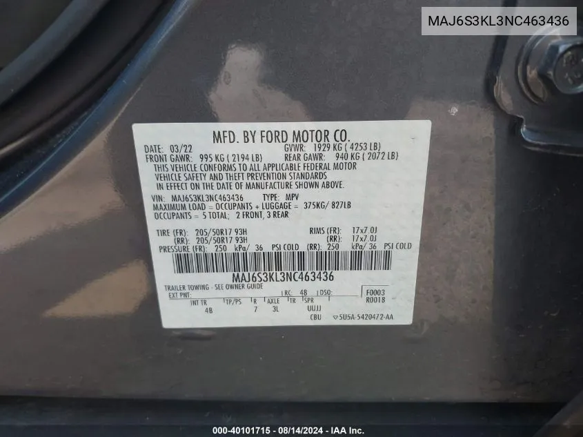 2022 Ford Ecosport Titanium VIN: MAJ6S3KL3NC463436 Lot: 40101715