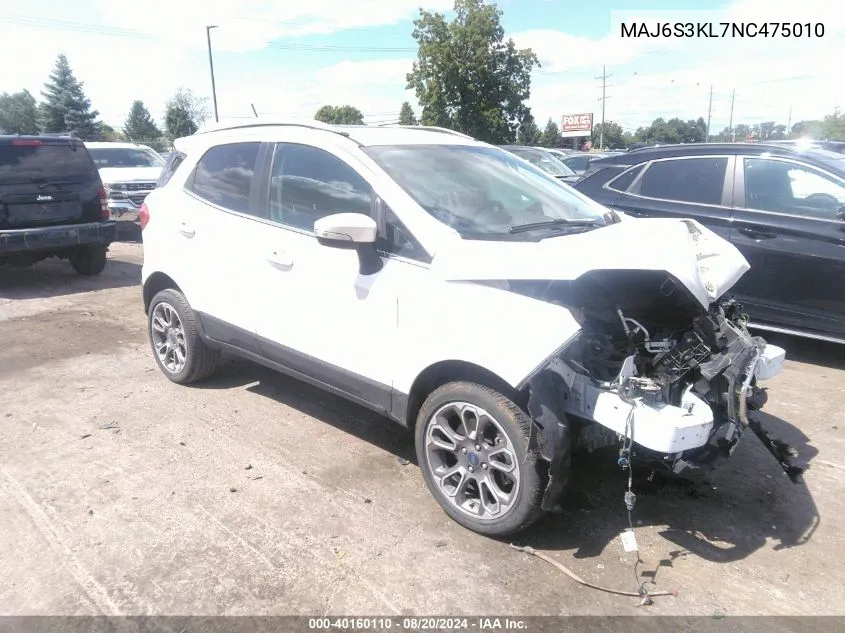 2022 Ford Ecosport Titanium VIN: MAJ6S3KL7NC475010 Lot: 40160110