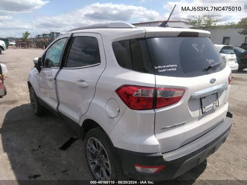 2022 Ford Ecosport Titanium VIN: MAJ6S3KL7NC475010 Lot: 40160110