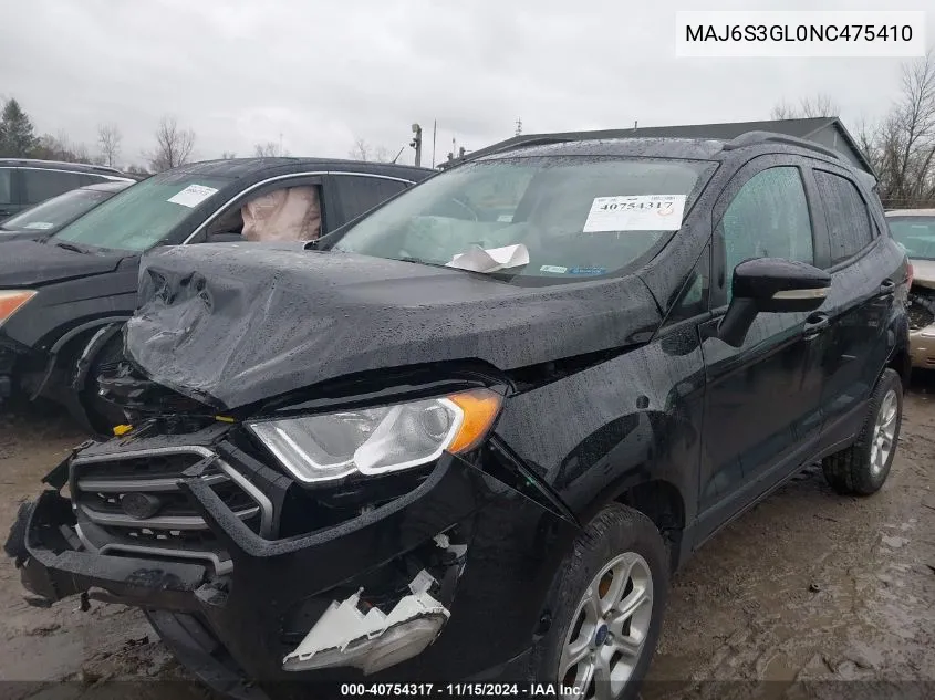 2022 Ford Ecosport Se VIN: MAJ6S3GL0NC475410 Lot: 40754317