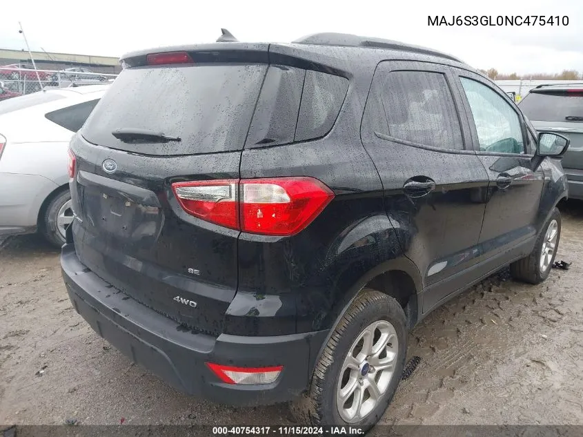 2022 Ford Ecosport Se VIN: MAJ6S3GL0NC475410 Lot: 40754317