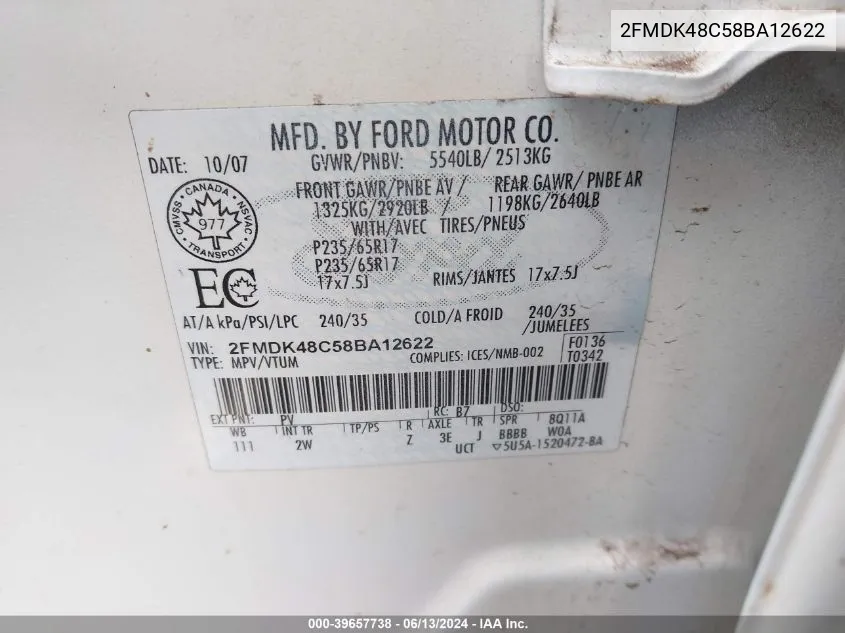 2FMDK48C58BA12622 2008 Ford Edge Sel