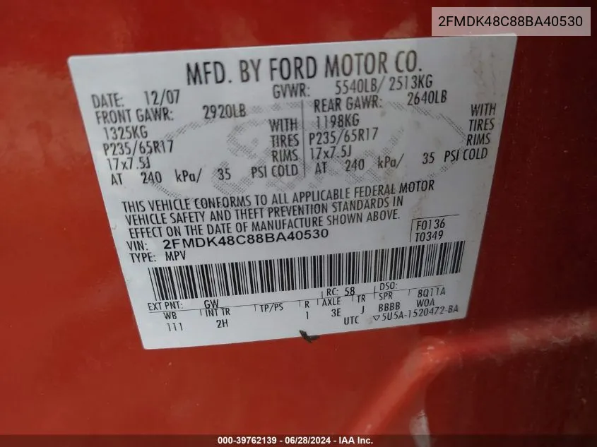 2FMDK48C88BA40530 2008 Ford Edge Sel