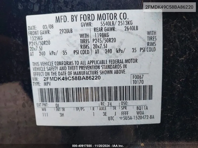 2FMDK49C58BA86220 2008 Ford Edge Limited