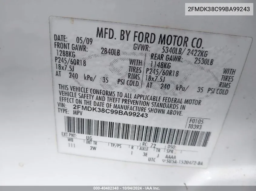 2009 Ford Edge Sel VIN: 2FMDK38C99BA99243 Lot: 40482348