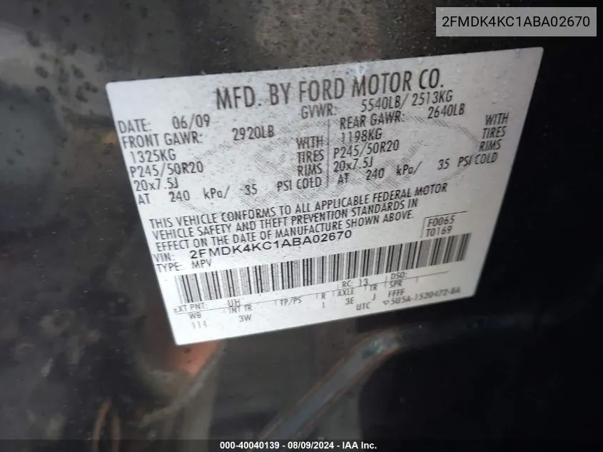 2FMDK4KC1ABA02670 2010 Ford Edge Limited