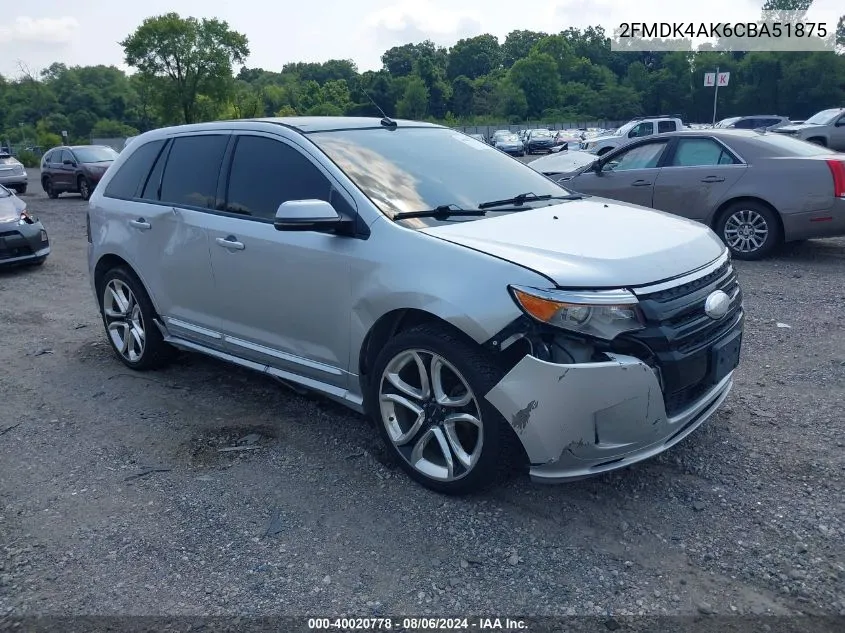 2012 Ford Edge Sport VIN: 2FMDK4AK6CBA51875 Lot: 40020778