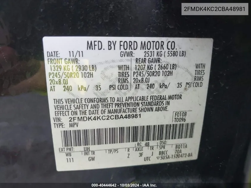 2012 Ford Edge Limited VIN: 2FMDK4KC2CBA48981 Lot: 40444642