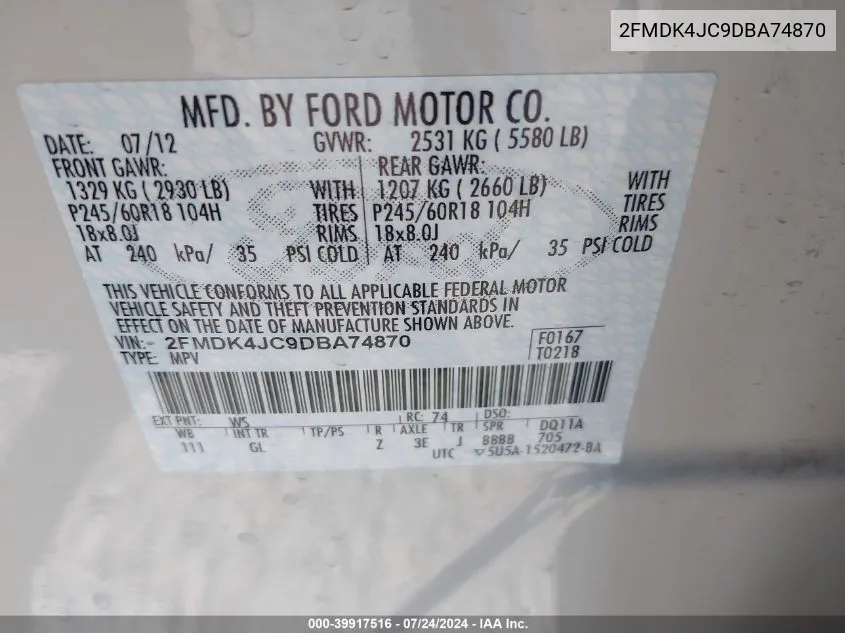 2013 Ford Edge Sel VIN: 2FMDK4JC9DBA74870 Lot: 39917516