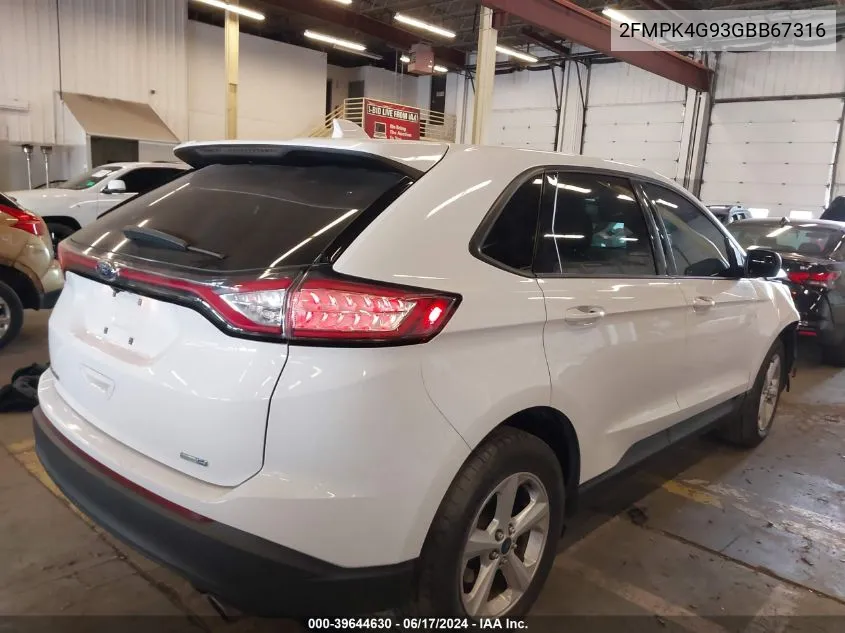 2016 Ford Edge Se VIN: 2FMPK4G93GBB67316 Lot: 39644630