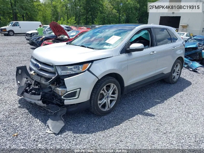 2016 Ford Edge Titanium VIN: 2FMPK4K81GBC19315 Lot: 39775042