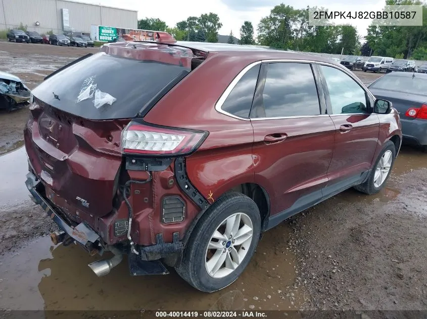 2016 Ford Edge Sel VIN: 2FMPK4J82GBB10587 Lot: 40014419