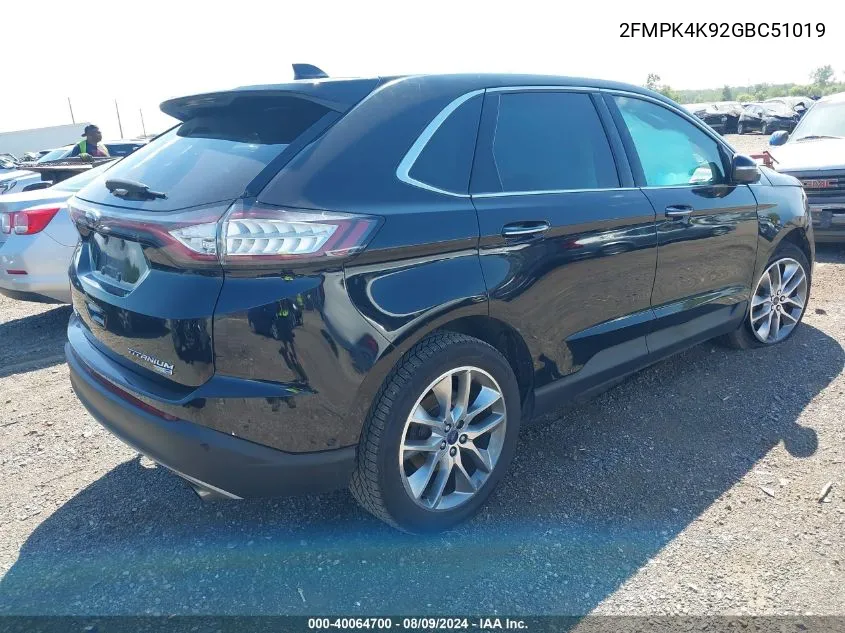 2016 Ford Edge Titanium VIN: 2FMPK4K92GBC51019 Lot: 40064700