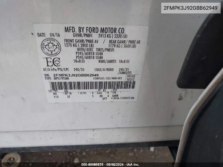 2FMPK3J92GBB62949 2016 Ford Edge Sel