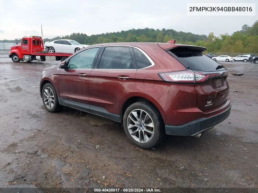 2016 Ford Edge Titanium VIN: 2FMPK3K94GBB48016 Lot: 40438017