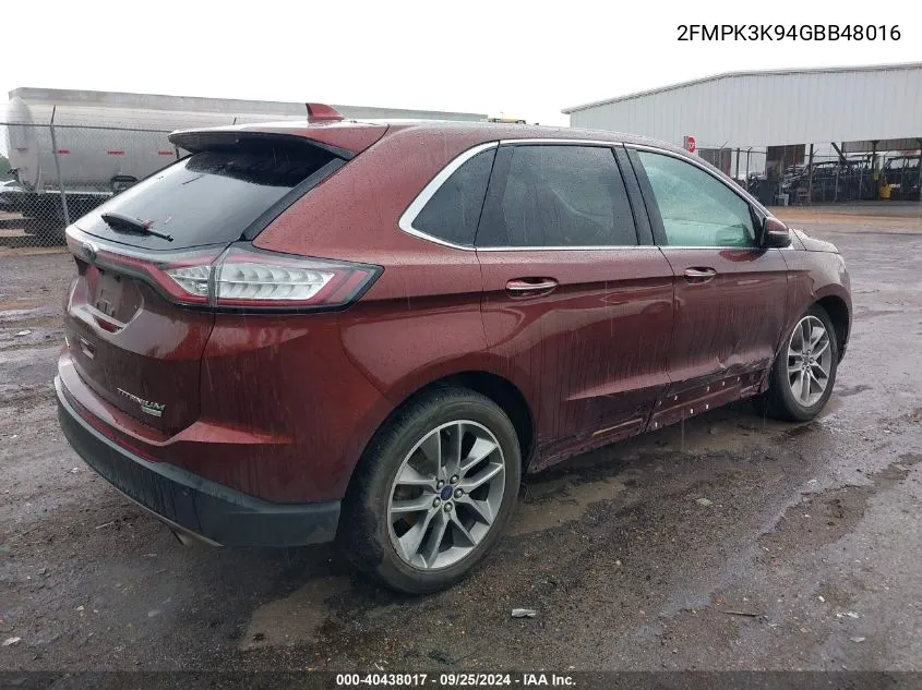 2016 Ford Edge Titanium VIN: 2FMPK3K94GBB48016 Lot: 40438017