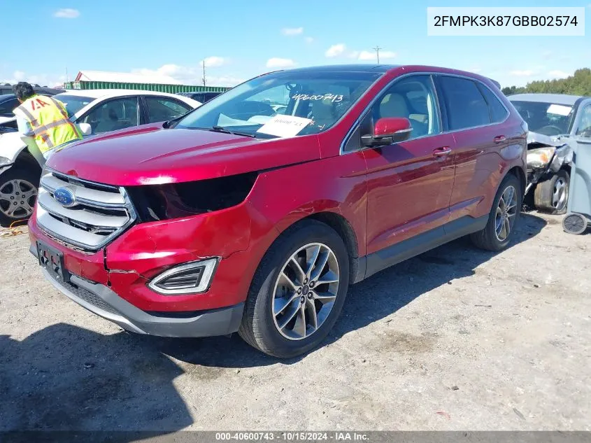 2016 Ford Edge Titanium VIN: 2FMPK3K87GBB02574 Lot: 40600743