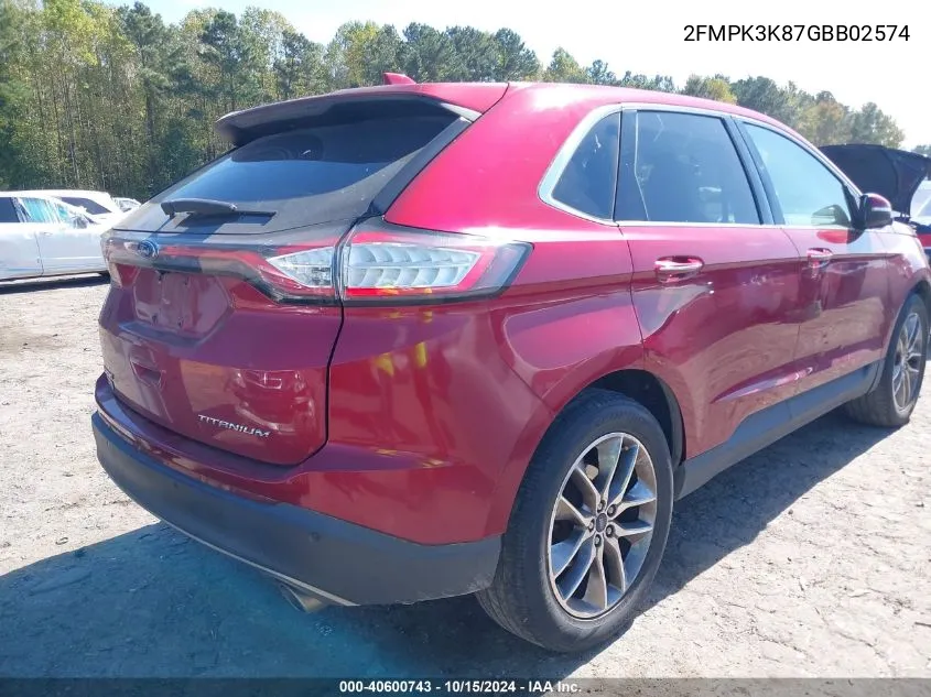 2016 Ford Edge Titanium VIN: 2FMPK3K87GBB02574 Lot: 40600743