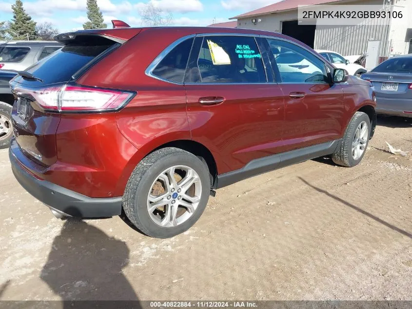 2016 Ford Edge Titanium VIN: 2FMPK4K92GBB93106 Lot: 40822884