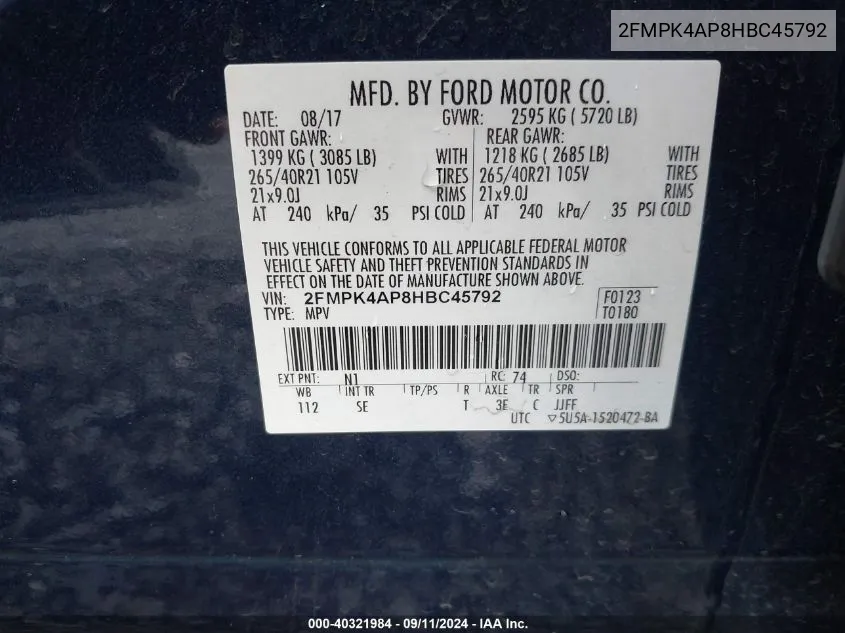 2FMPK4AP8HBC45792 2017 Ford Edge Sport