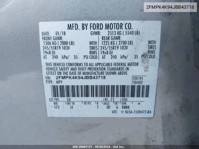 2FMPK4K94JBB43718 2018 Ford Edge Titanium