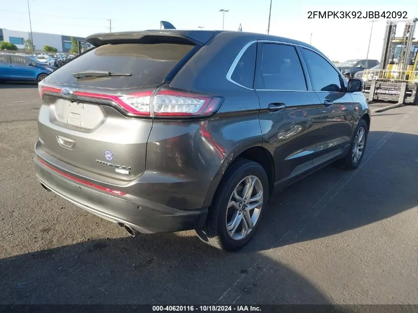 2018 Ford Edge Titanium VIN: 2FMPK3K92JBB42092 Lot: 40620116