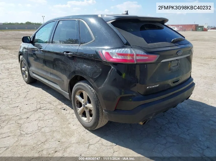 2019 Ford Edge Se VIN: 2FMPK3G98KBC40232 Lot: 40830747