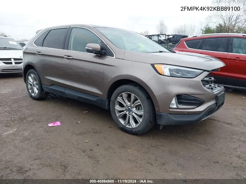 2019 Ford Edge Titanium VIN: 2FMPK4K92KBB89100 Lot: 40894980