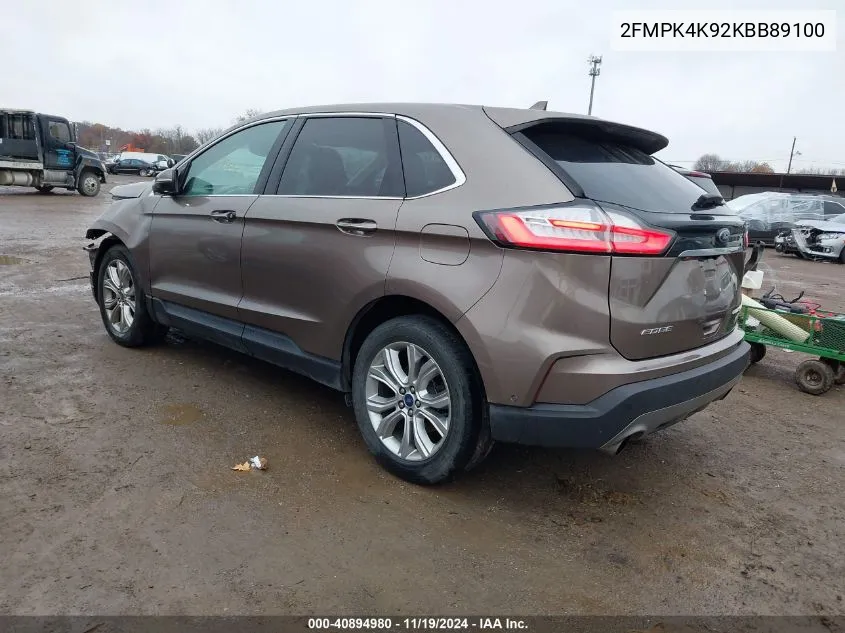 2019 Ford Edge Titanium VIN: 2FMPK4K92KBB89100 Lot: 40894980