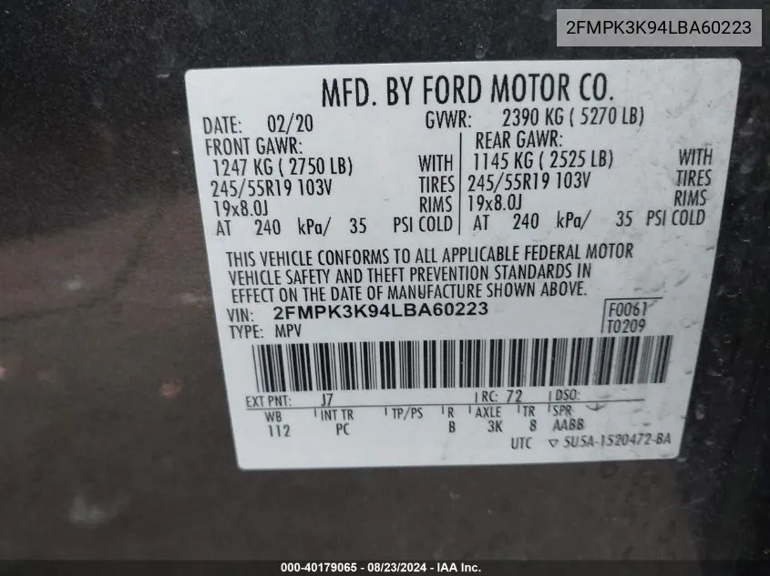 2020 Ford Edge Titanium VIN: 2FMPK3K94LBA60223 Lot: 40179065