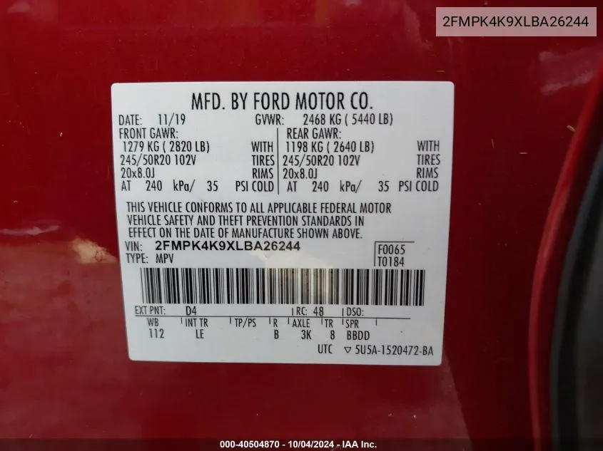 2020 Ford Edge Titanium VIN: 2FMPK4K9XLBA26244 Lot: 40504870