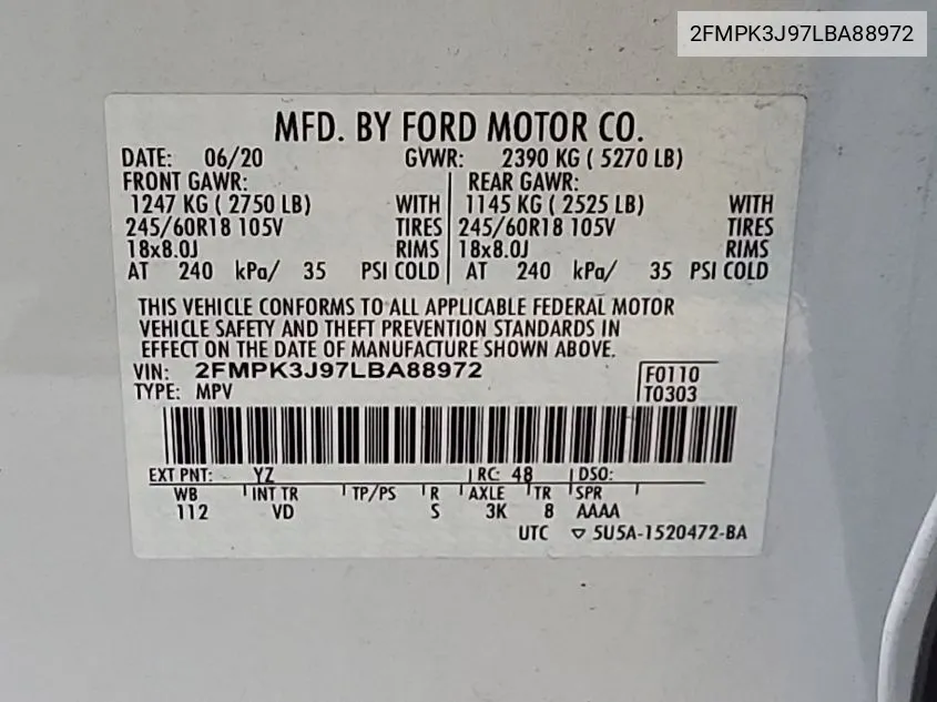 2020 Ford Edge Sel VIN: 2FMPK3J97LBA88972 Lot: 40588562