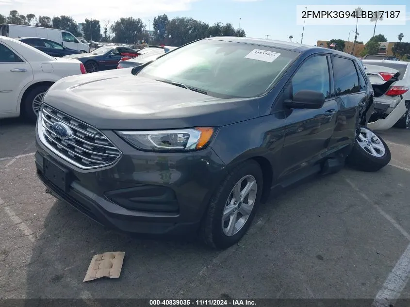 2020 Ford Edge Se VIN: 2FMPK3G94LBB17187 Lot: 40839035