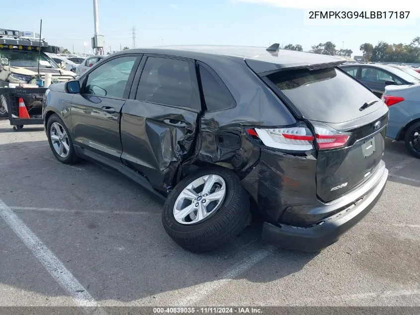 2020 Ford Edge Se VIN: 2FMPK3G94LBB17187 Lot: 40839035