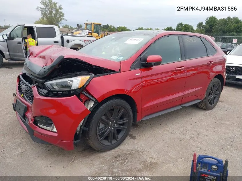 2021 Ford Edge St Line VIN: 2FMPK4J94MBA31586 Lot: 40238118