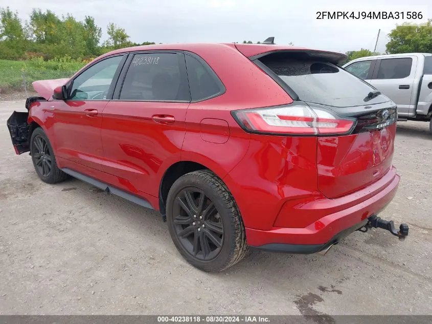 2021 Ford Edge St Line VIN: 2FMPK4J94MBA31586 Lot: 40238118