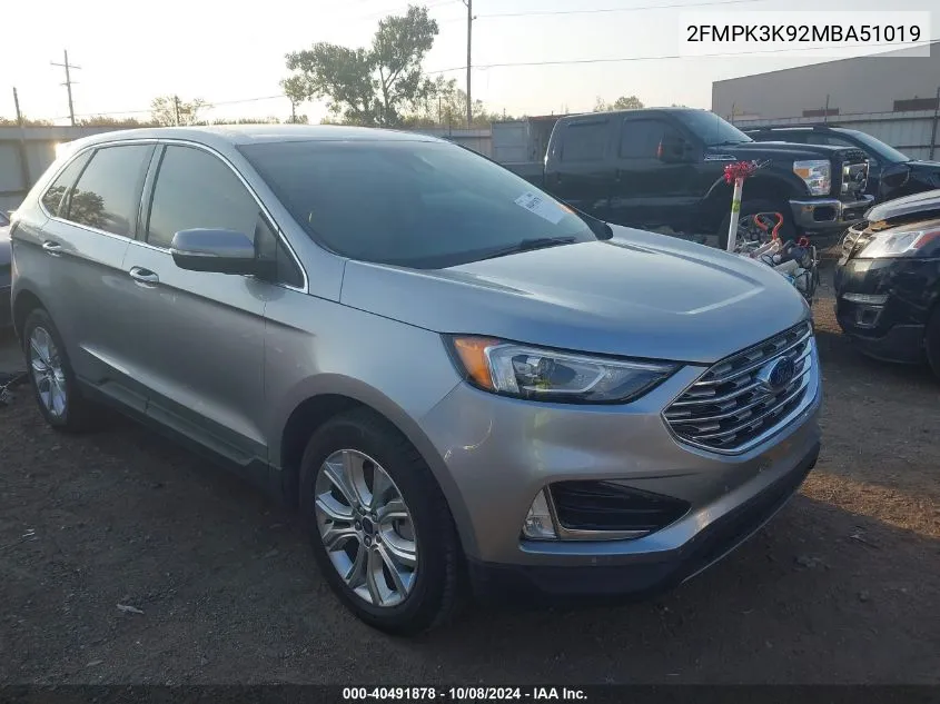 2021 Ford Edge Titanium VIN: 2FMPK3K92MBA51019 Lot: 40491878