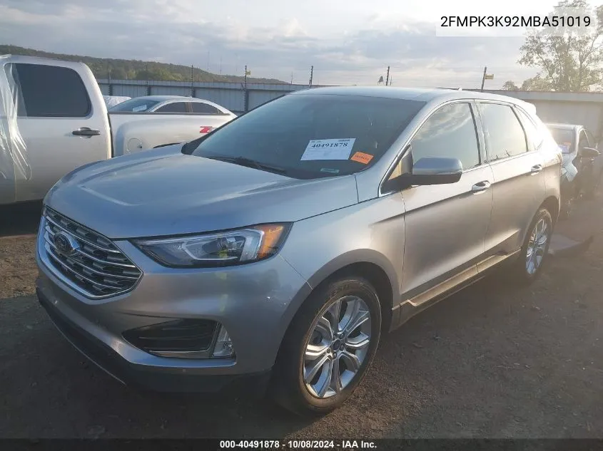 2021 Ford Edge Titanium VIN: 2FMPK3K92MBA51019 Lot: 40491878